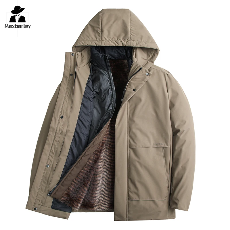 

2024 New Winter Jacket Men's Light Business Casual Detachable Fleece Liner Warm Parka Luxury Clothing Windproof Hooded Male coat