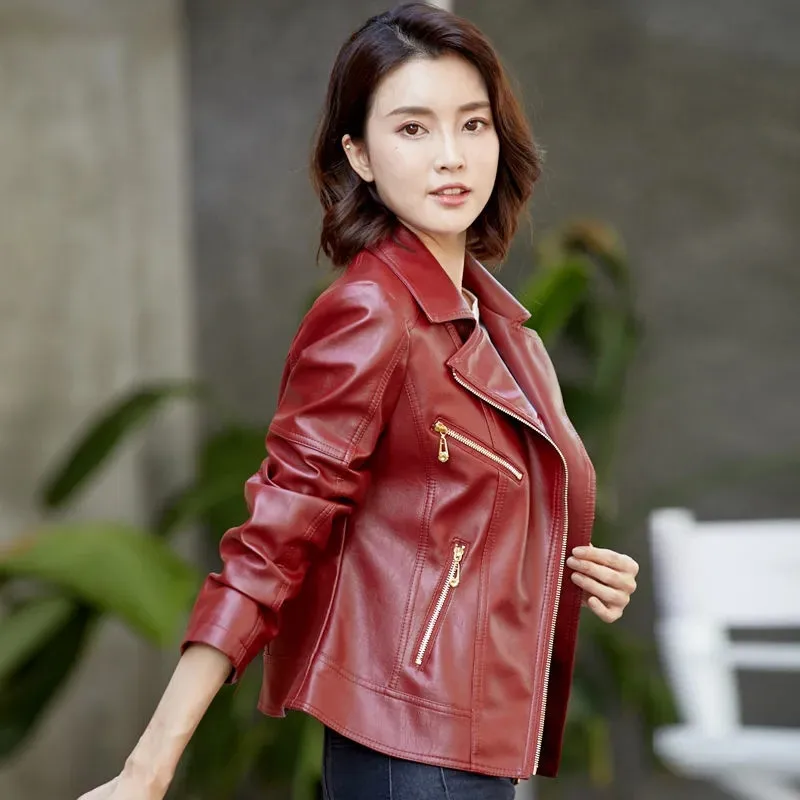 6XL Big Size Leather Jacket Female NEW 2024 Autumn Spring Women\'s Moto Biker Coat Wine Red Black PU Leather Zipper Outerwear