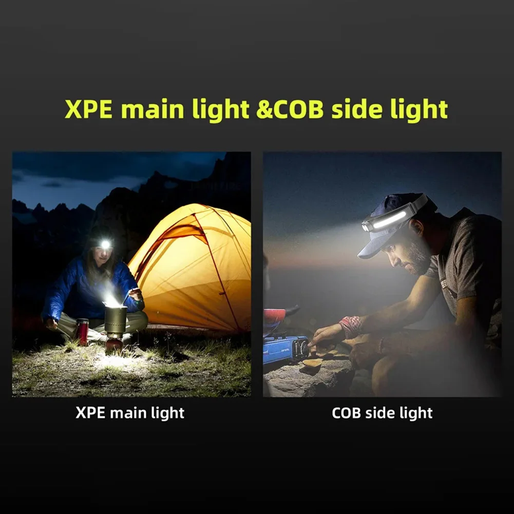 LED Camping Head Torch com 4 modos de luz, Cabo de carregamento USB, Lanterna impermeável IPX5 recarregável, Lanterna principal portátil