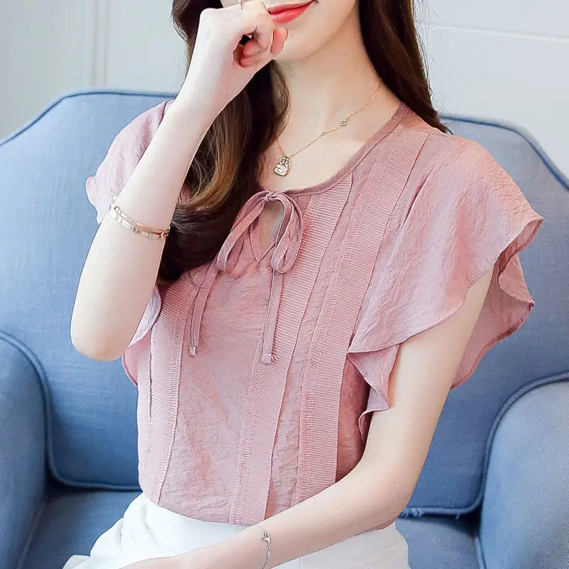 Female O-Neck Bow Lacing Hollow Out Solid Blouse Loose Oversize Flying Sleeve Patchwork Chiffon Shirt Women's Summer Clothing