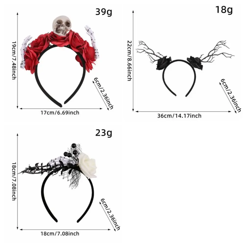 Divertida diadema de flores rosas para Halloween, aro para el pelo con calavera y rama de murciélago, corona de flores antideslizante gótica para Halloween, recuerdos de fiesta