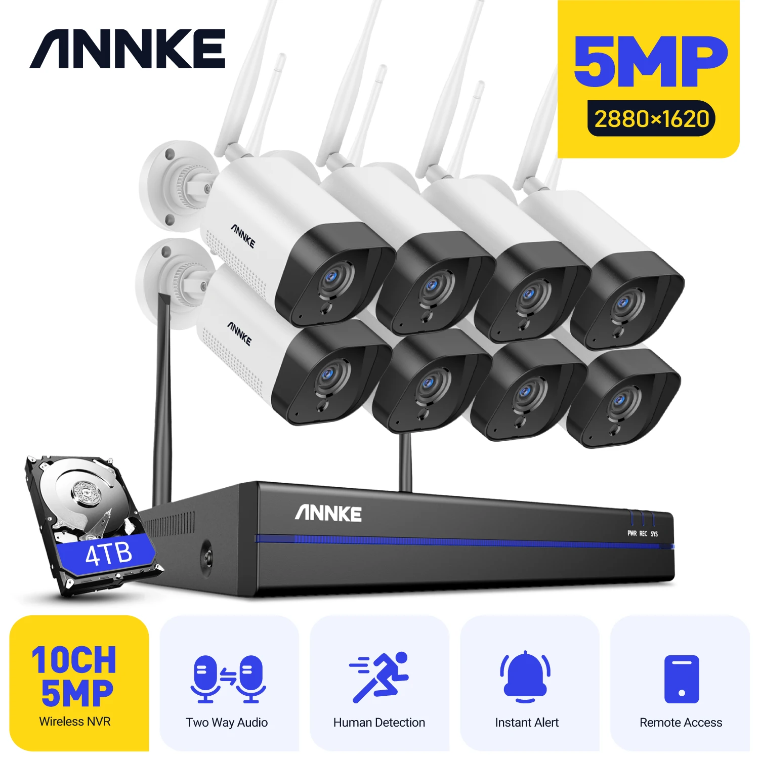 Annke WAS500 H.264+ 5MP Wireless CCTV System 8CH NVR Video Surveillance Kit Two Way Audio WIFI 8/4Pcs IP Security Camera 3.6MM