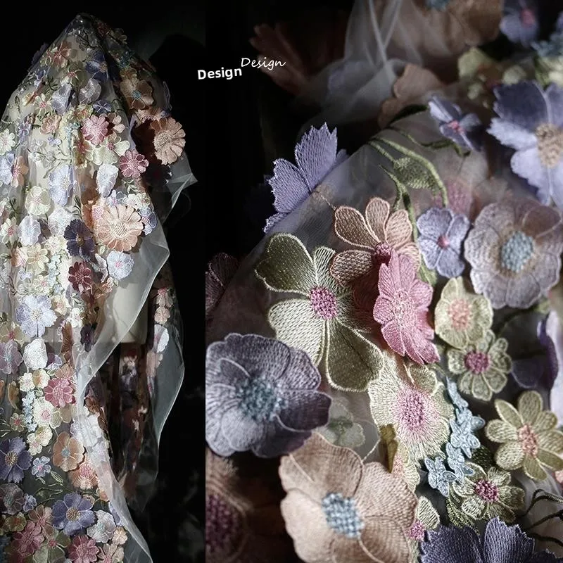 

Романтическая ткань с объемной 3D-вышивкой в виде больших цветов, декоративный узор, сетчатая ткань, материал для рукоделия, домашний губчатый наполнитель для поделок своими руками