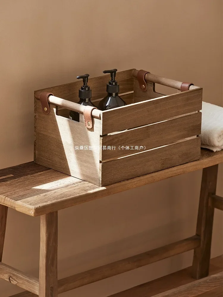 Solid wood retro desktop kitchen storage sundries wooden snack rectangular basket storage fruit storage