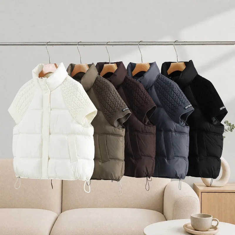 YLT Womens 2026 New Fashion Knit Spliced Stand Collar Padded Vest Short Warm Sleeveless Jacket Coat Outerwear Trendy Chic Classy