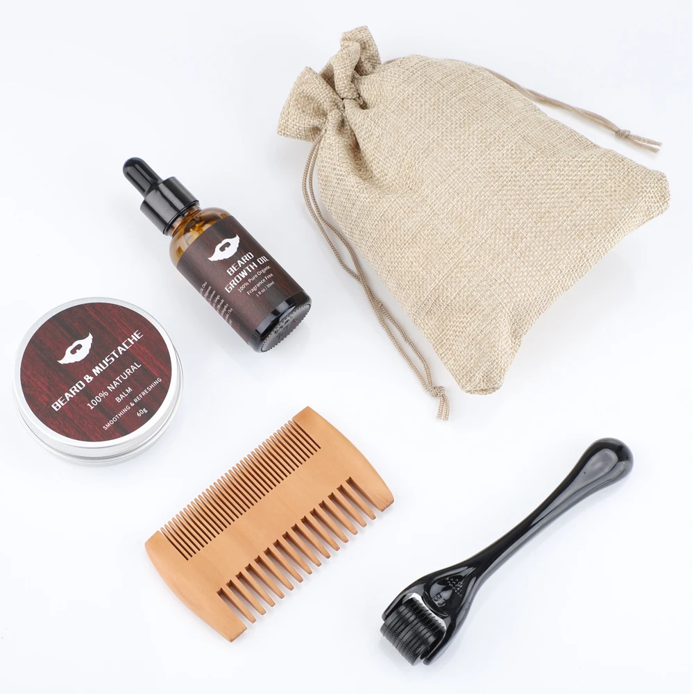 Beard Growth Kit Beard Growth Essential Oil Serum Nourishing Beard Care Kit for Men Titanium Beard Growth Roller Balm Comb