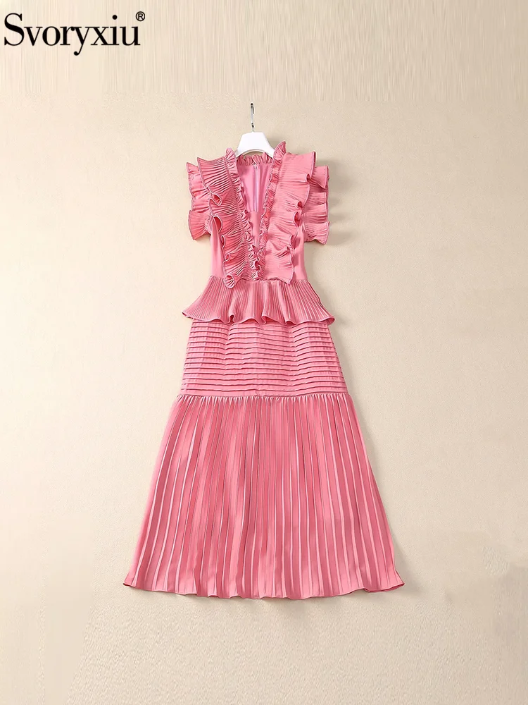 Svoryxiu Fashion Runway Summer Pink Elegant Midi Pleated Dress Women's V-Neck Flounces Sleeve High Waist A-Line Long Dresses