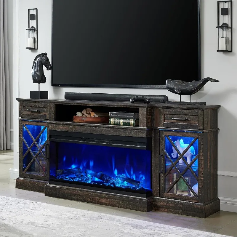 Farmhouse TV Stand with Fireplace, 70\'\' Entertainment Center Stand with 36\