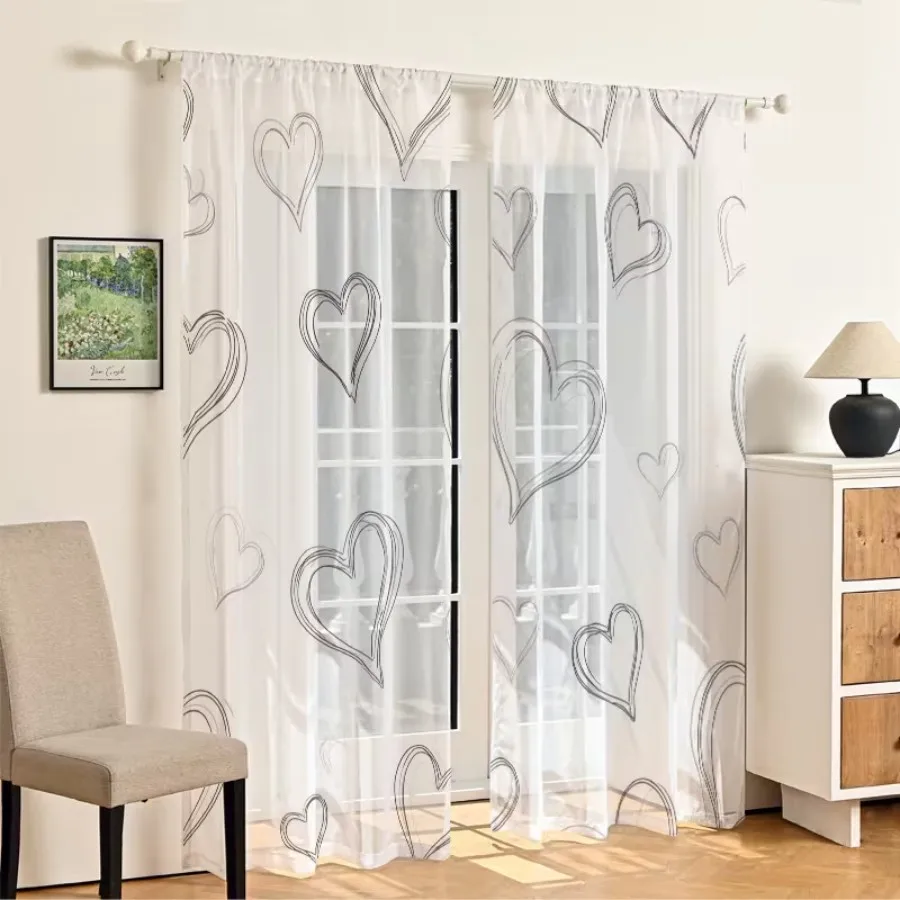 2PCS Digital Print Sheer Curtains, Minimalist Hand Drawn Heart, Simple Casual Doodle for Bedroom Living Room Home Decor