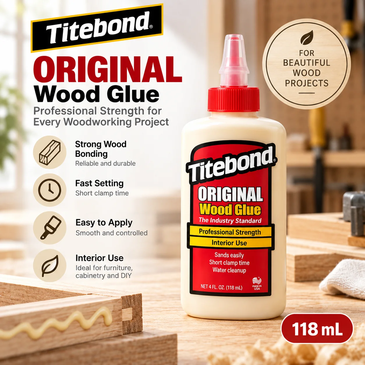 Titebond Original Wood Glue Fast Set Woodworking Adhesive Strong Bond Easy Sanding For Furniture Repair DIY 30ml 50ml 118ml