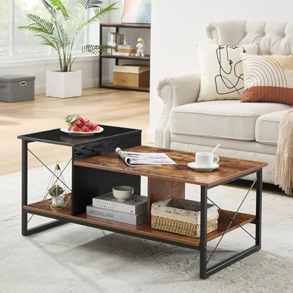 Vecelo Wood Two Tier, Black Coffee Table Storage, Metal Frame Wooden Tabletop, Modern For Living Room