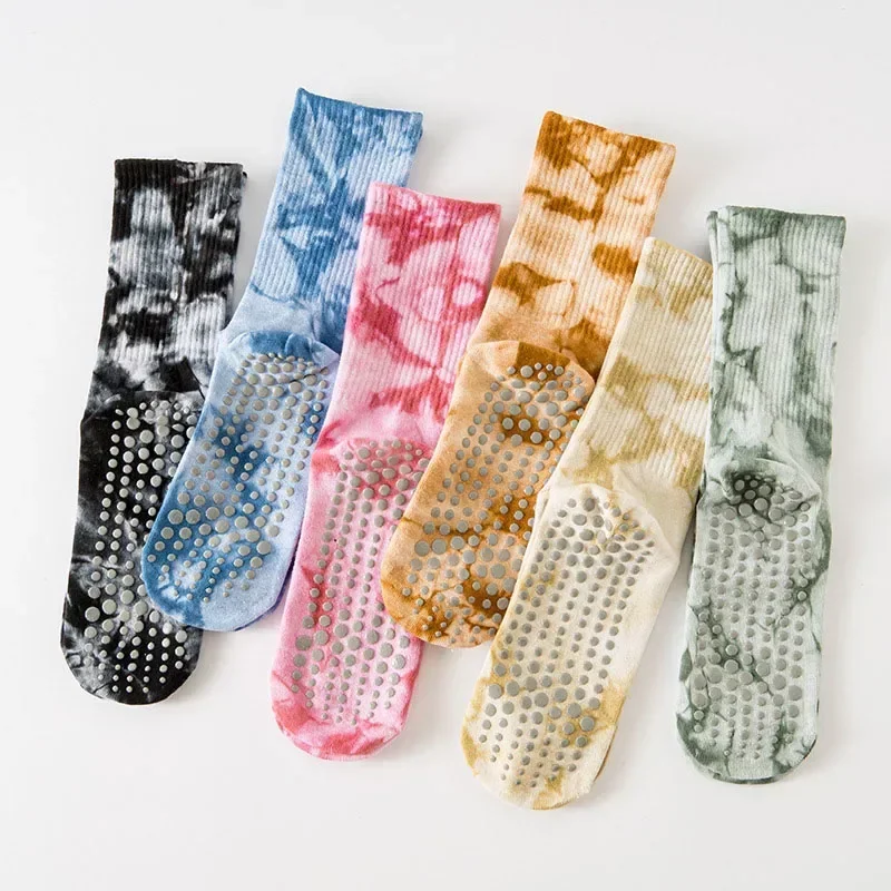 Pilates Socks Women Cotton Tie-dye Silicone Non-slip Crew Yoga Socks