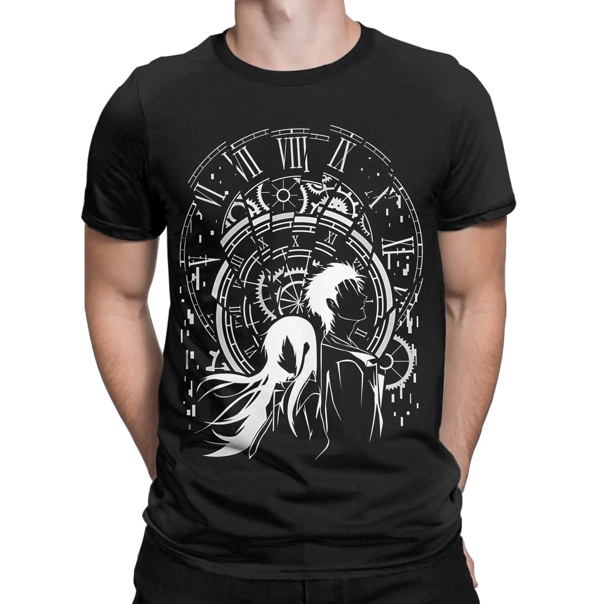Men Game Steins Gate T Shirts Time Broken Pure Cotton Clothing Vintage Short Sleeve Round Collar Tees Plus Size T-Shirts