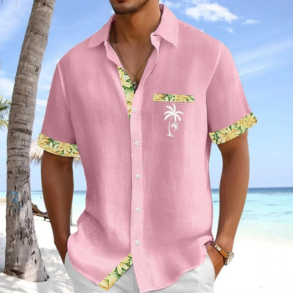 

Men's plus Size Short Sleeve Linen Shirt Solid Color Coconut Tree Print Casual Vacation Beach Designer Men's Shirt