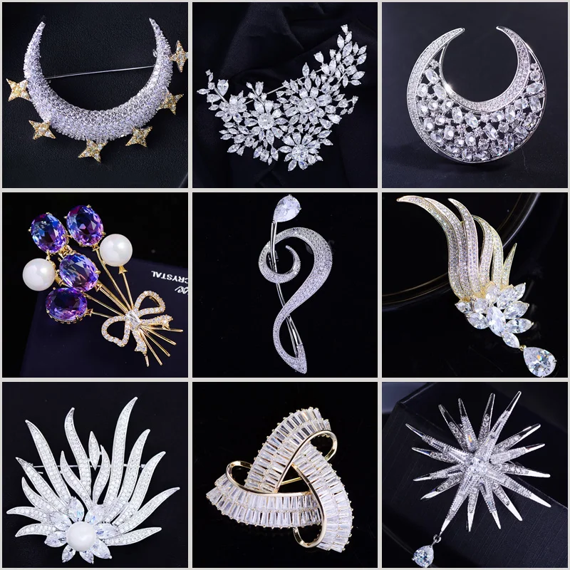 

Luxury Micro-inlaid Zircon Star Moon Brooches for Women Elegant Temperament Balloons Notes Corsage Coat Suit Accessories Pins