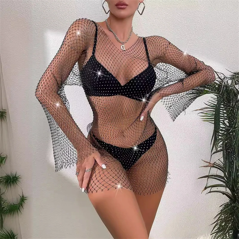 Glänzende Strass Grid Fishnet Kleid Langarm V-ausschnitt Aushöhlen Urlaub Kleid Sexy Strand Cover Up Atmungsaktive Dame Vestidos – Detail 1
