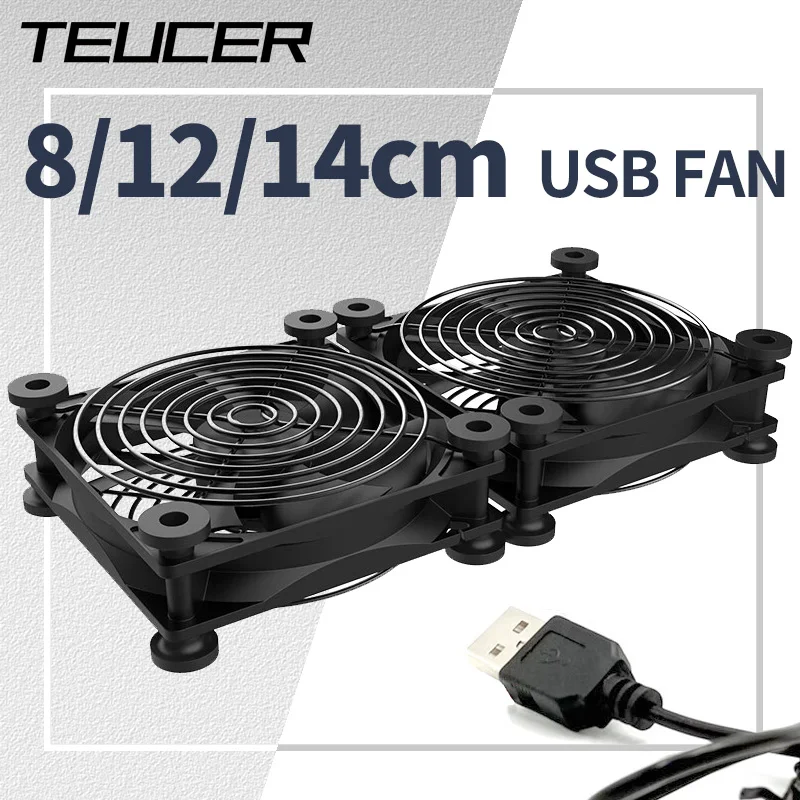 Teucer Wentylator komputerowy zasilany przez USB 120 mm 5 V Cicha chłodnica obudowy do routera TV Cat Śruby chłodzące Siatka ochronna 8/12/14 cm