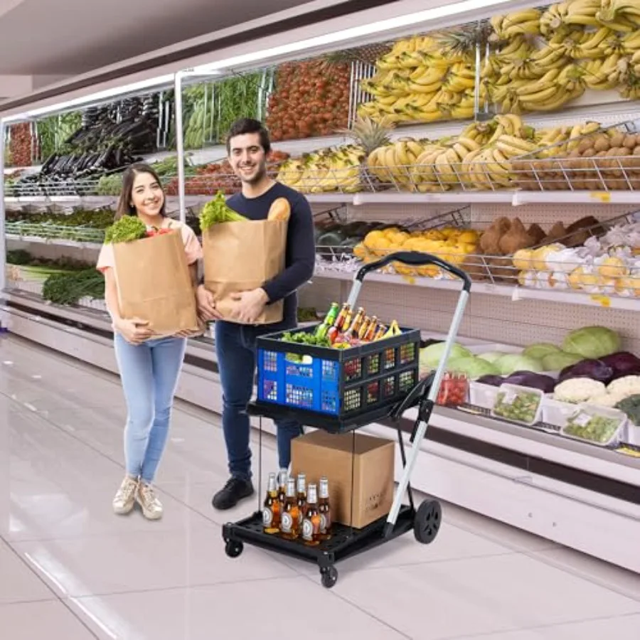 2-Tier Folding Shopping Cart with Wheels, Collapsible Grocery Cart with Removable Crate, Portable Shopping Trolley for Home, Gr