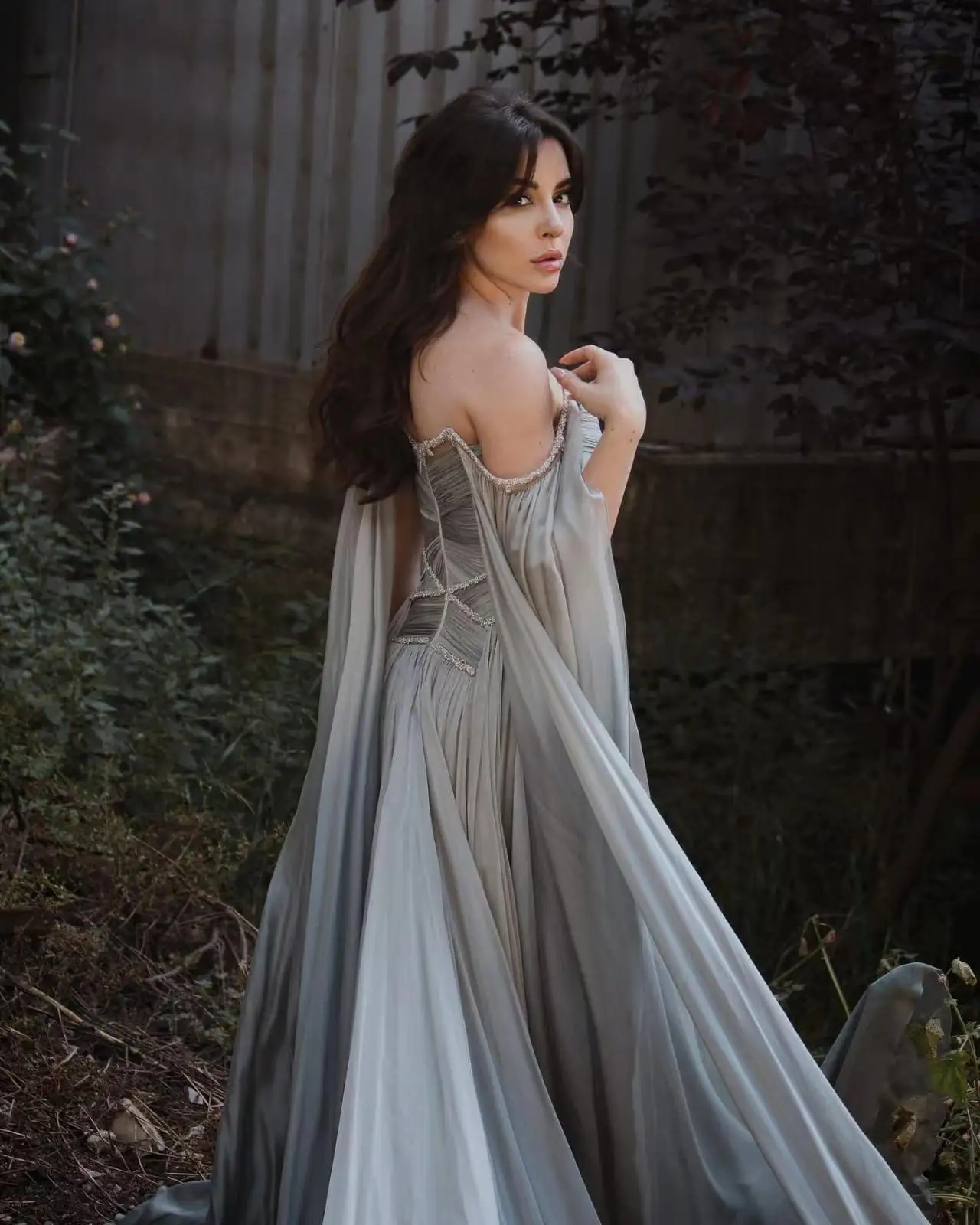 Hot Sale Grey Chiffon Off the Shoulder Long Sleeves  فساتين السهرة vestidos de fiesta  فساتين سهره evening dresses