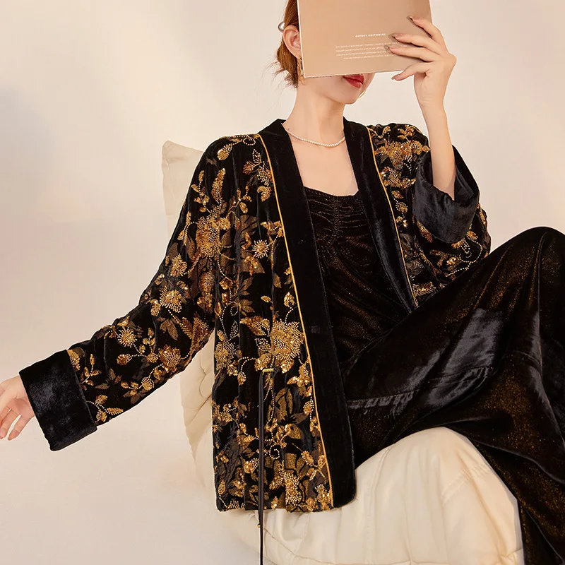 UMI MAO New Heavy Embroidery Beaded Cardigan National Style Mulberry Silk High-end Elegant V-neck Light Luxury Jacket