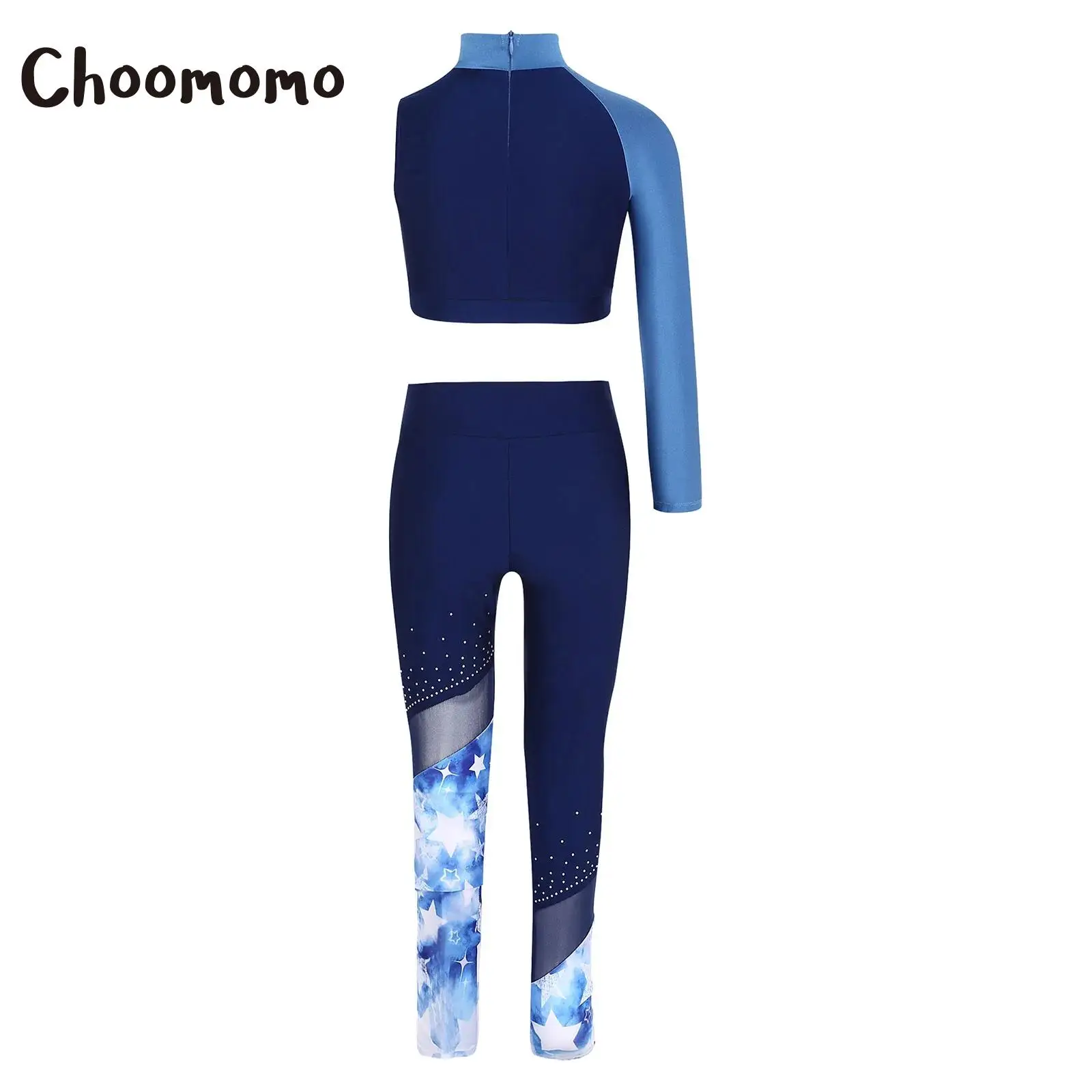 

Girls Figure Skating Gymnastics Dance Outfits Sequin Asymmetrical Sleeves Crop Tank Top Athletic Leggings Yoga Workout Tracksuit