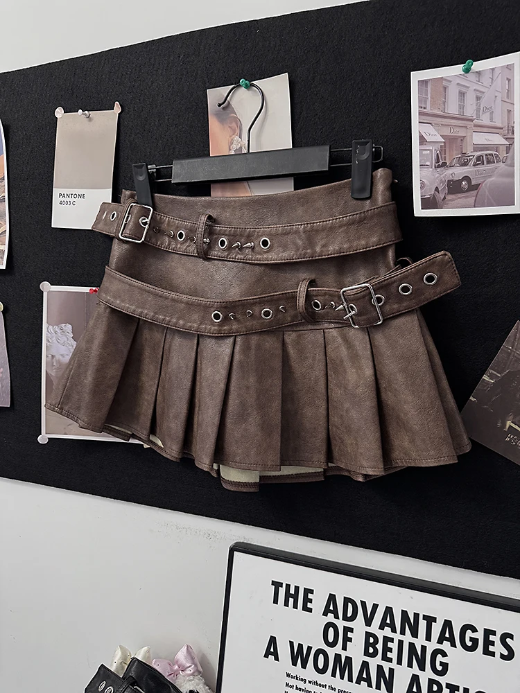 

Retro American Design Spicy Girl Double Belted A-Line Brown Leather Skirt f-length Pleated Skirt High Street Women's Faion