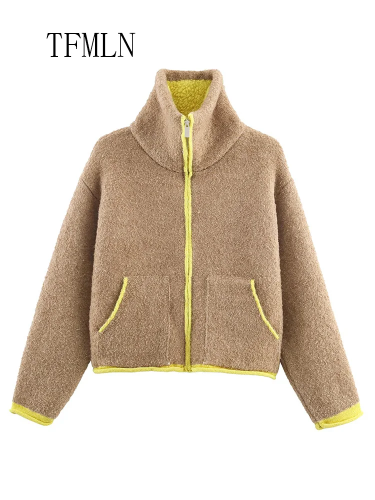 Modny damski sweter dziergany 2025 jesień zima szykowny casualowy z kieszeniami na zamek ciepły kardigan retro luźny stójka