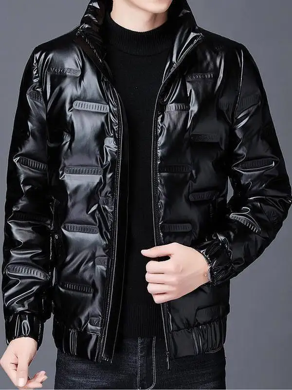 반짝이는 표면 경량 두꺼운 짧은 면 재킷 남성용 스탠드 칼라 겨울 아우터 패셔너블한 한국 스타일 코트