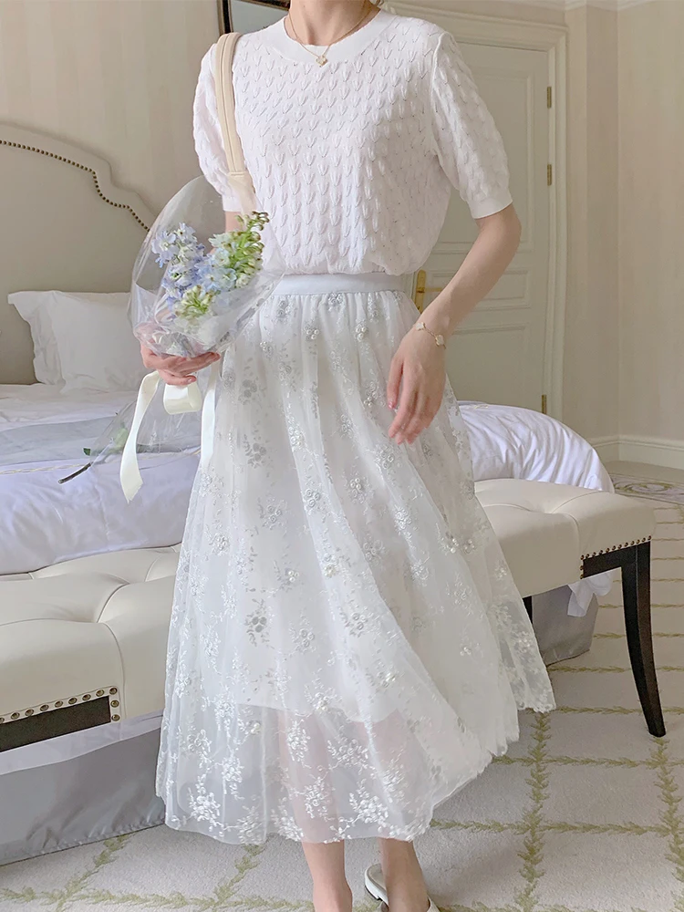 

Embroidered A-Line Midi Skirt Women's Summer New High Waist Pearl f Body Net Gown Super Fairy Folded Tulle Skirt