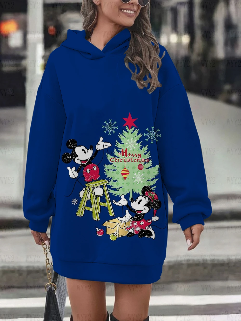 Women\'s Hoodies Dress Loose Long Sleeves Fashion Autumn and Winter Long Sleeve Hoodies Disney Christmas Mickey Minnie Printed