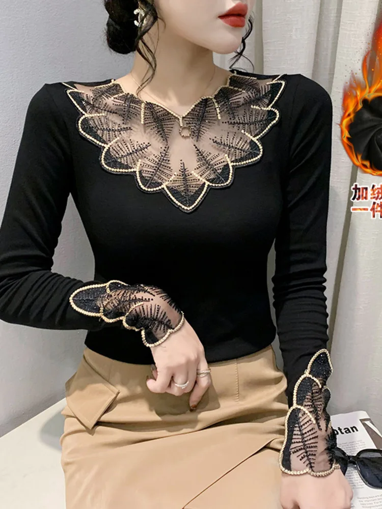 2025 Autumn Winter Brushed And Velvet New Embroidery Hollow Out Heavy Craftsmanship Hot Stamping Diamond Versatile Base Shirt