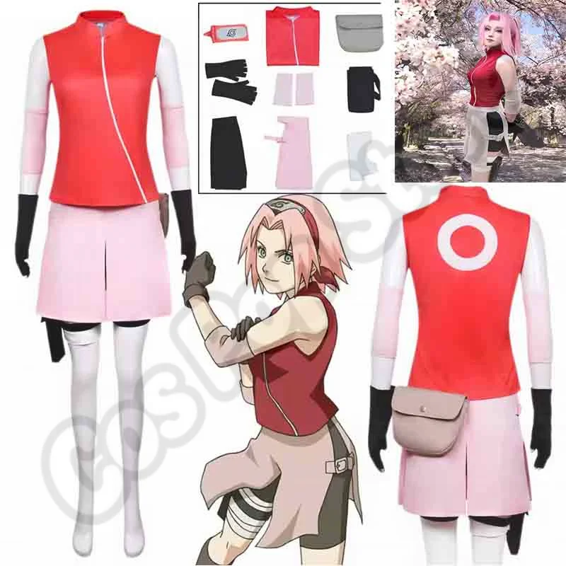 

Anime Sakura Cosplay Costume Ninja Sakura Red Tops Pink Skirt Battle Suit with Bag Full Set Women Cos Halloween Carnival