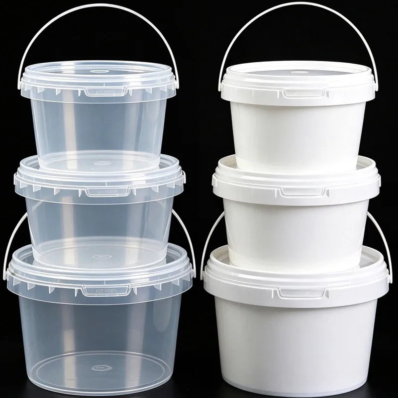 500ml 750ml 1000ml Clear Plastic Buckets with Lid and Portable Handle for Ice Cream Flour Rice Kitchen Storage Boxes Container