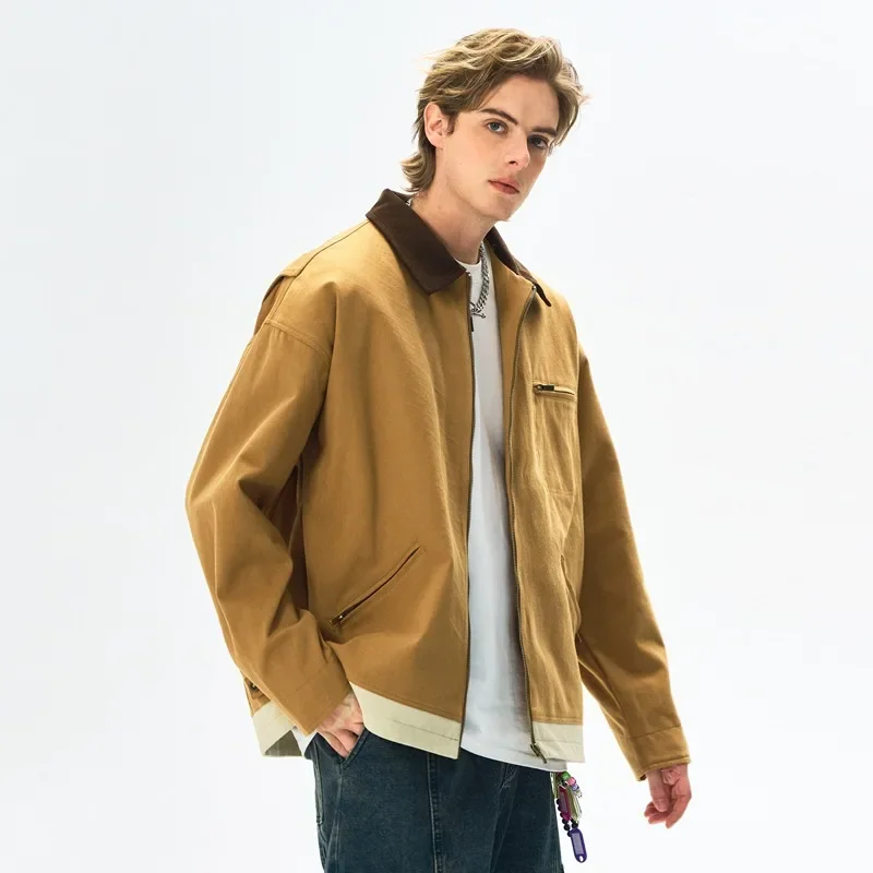 

Retro Canvas Detroit Hunting Jacket Heavyweight Pocket Work Jacket Lapel Collar Zipper Coat for Men Spring and Fall