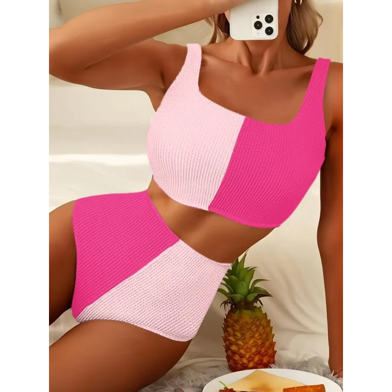 2025Two-piece Bikini Set with Adjustable Straps, Color Block, Unique High WaistbikiniSwimsuit