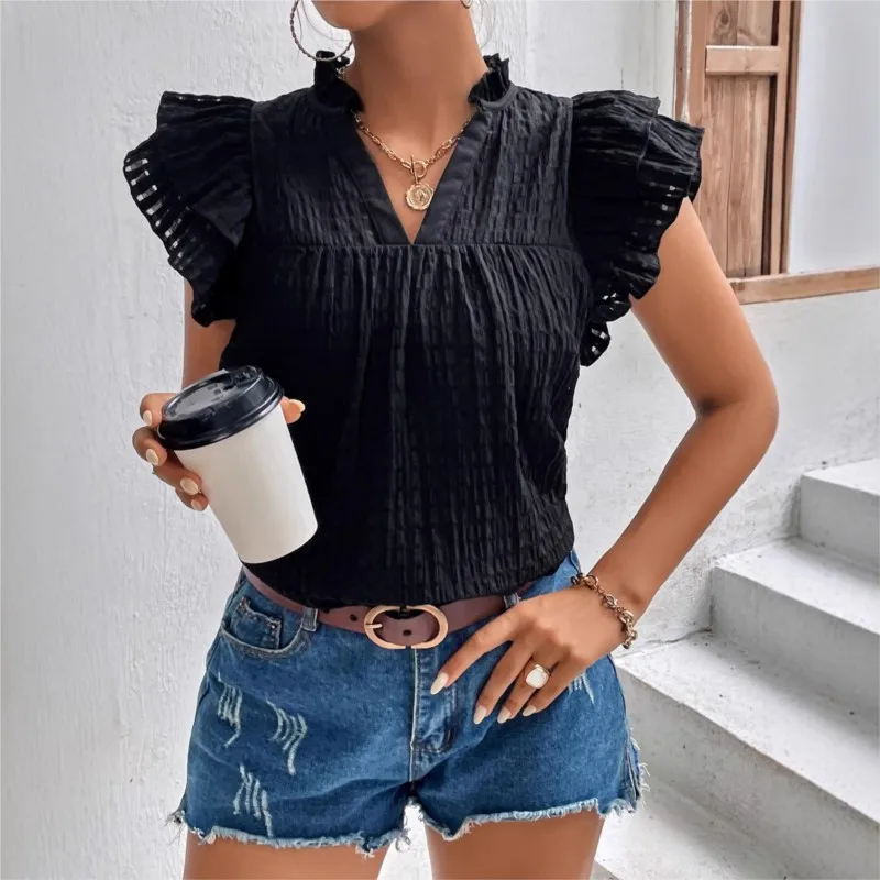 

Elegant Ruffle Sleeve Design Women's Top Summer Fashion Solid Color V-neck Loose Shirt Lady Simple Style Basic Versatile Blouses