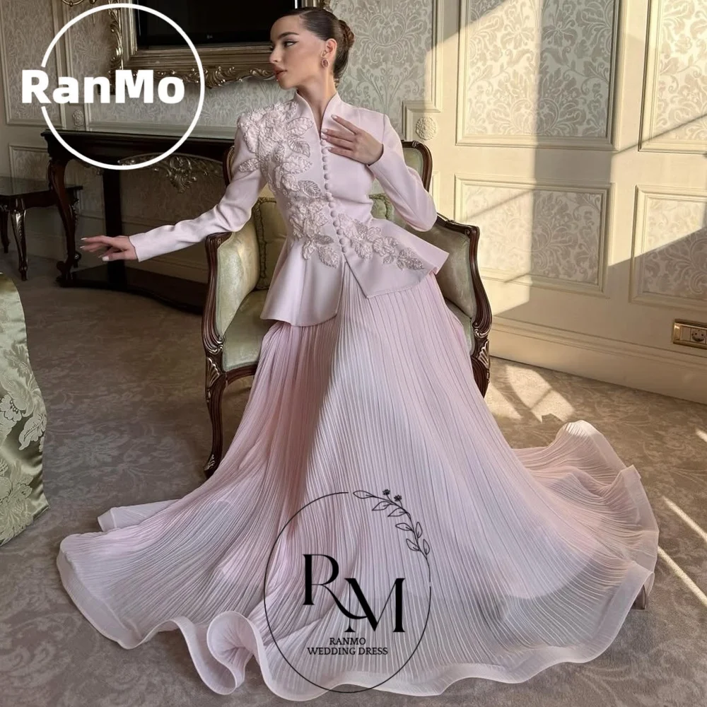 Ranmo Customized Luxury Prom Dresses for Women 2 Pieces Long Sleeves Modern Evening Gowns Long Pleated Buttons Applique Party