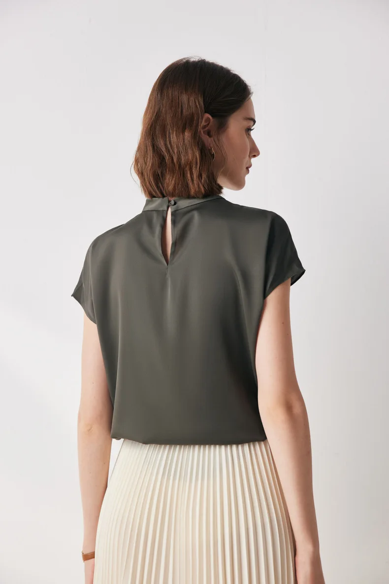 92% Natural Silk 10% Spandex Women's Blouse Stand Collar Short Sleeves Ruched Elegant Blouse Tops
