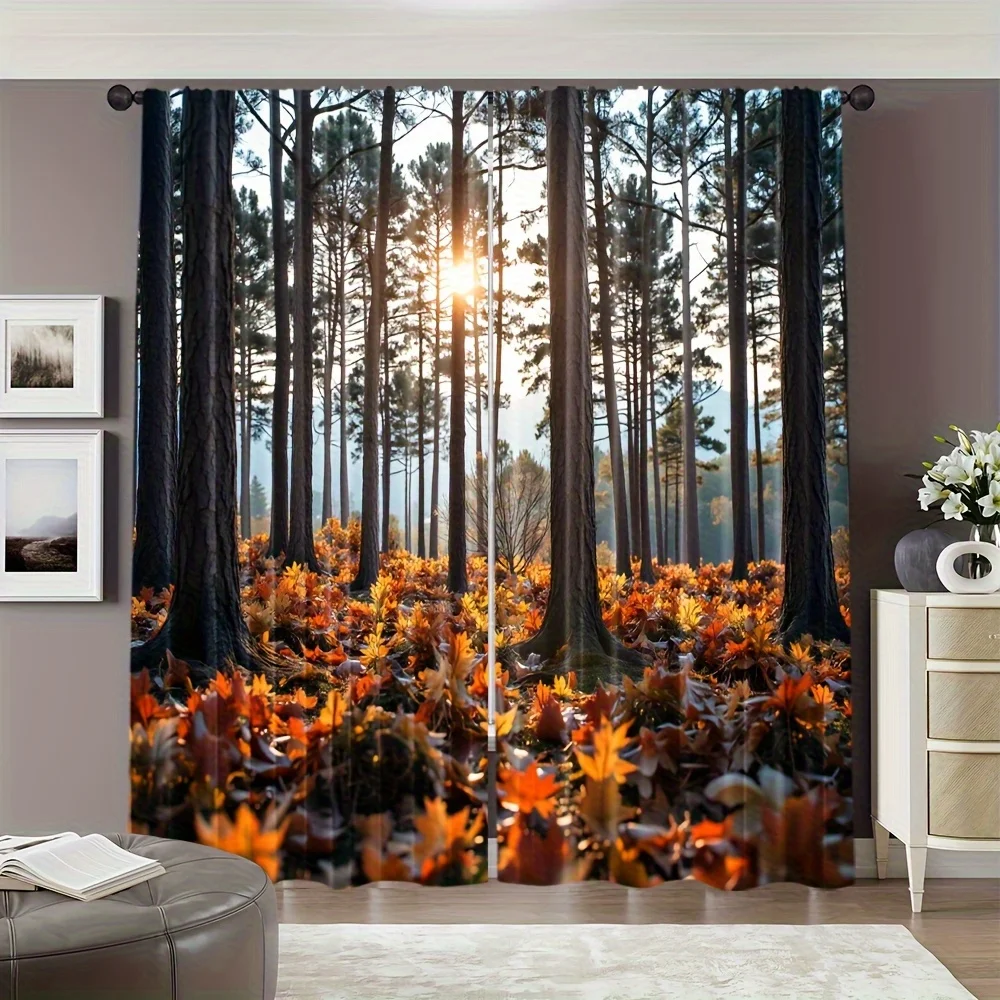 Autumn Forest Curtain, Golden Sunset Pine Woodland Window Drape, Fall Leaves Scenic Blackout Panel, Living Room Decor
