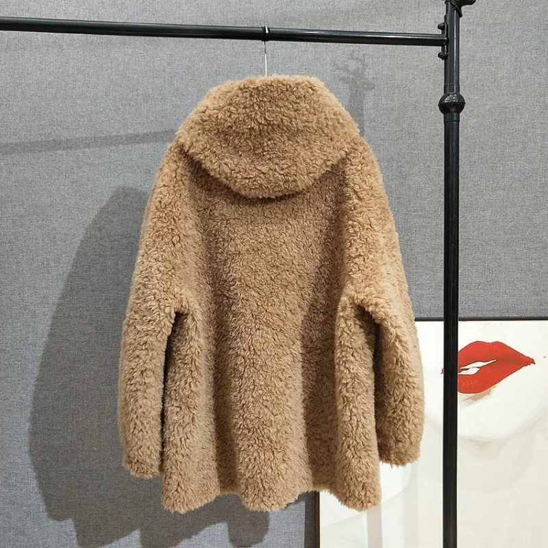 Full Wool Youthful Hooded Shearling Coat Women's Lamb Fur Warm Winter Mid-length Jacket JT543