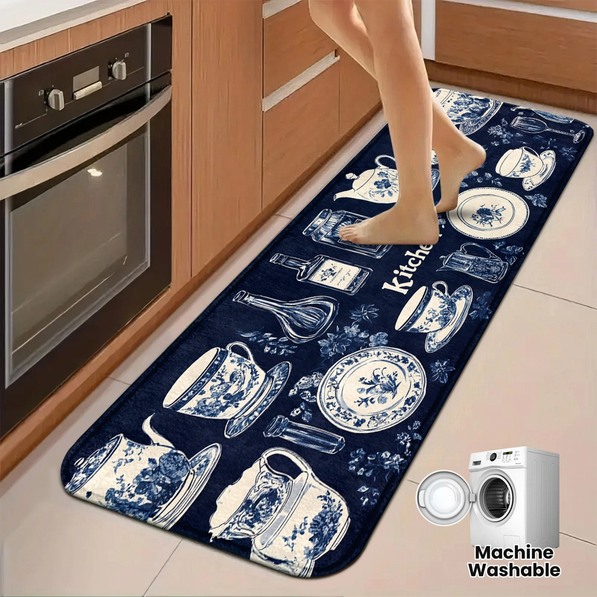 

Vintage Blue and White Porcelain Kitchen Runner Rug,Retro Teacup Plate Flower Kitchen Letter Non-Slip Absorbent Machine Washable