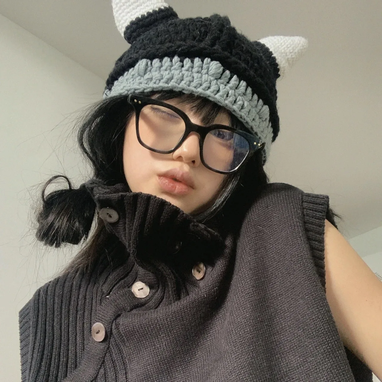 Funny Cow Horn Hat Autumn and Winter Cute Headcover Knitted Woolen Hat Women's Handmade Knitted Pullover Head Cap