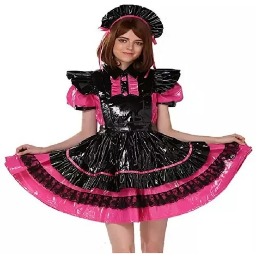 

Sexy sissy French maid red PVC lockable ruffle edge dress maid cosplay costume customizable
