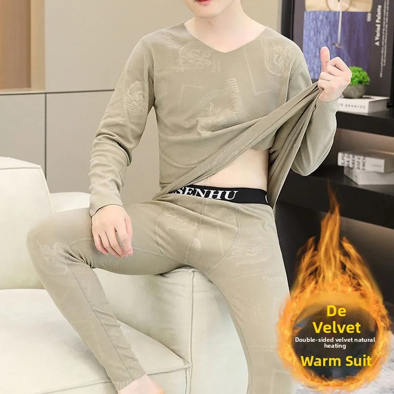 남성용 무봉제 보온 내의 세트 겨울용 가을용 청소년용 롱존 잠옷 양면 벨벳 세트