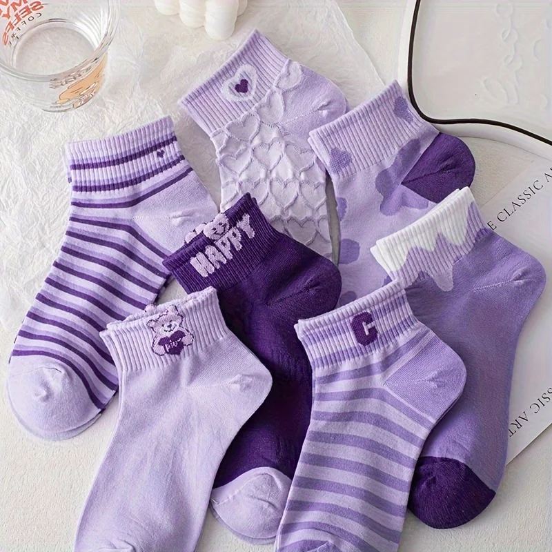 7 Pairs Purple Cartoon Socks Set, Cute and Comfortable Breathable Ankle Socks, Women\'s Casual Socks & Hosiery