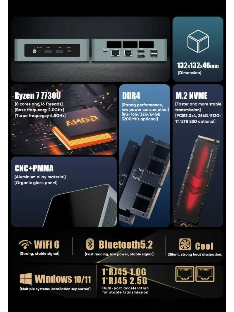 Mini PC AMD Ryzen 9 6900HX ES 7 6800H ES 8Core 2*DDR5 2*LAN 2.5G NVMe USB4 Windows 11 WiFi6 BT5.2 Mini Gaming Desktop Computer
