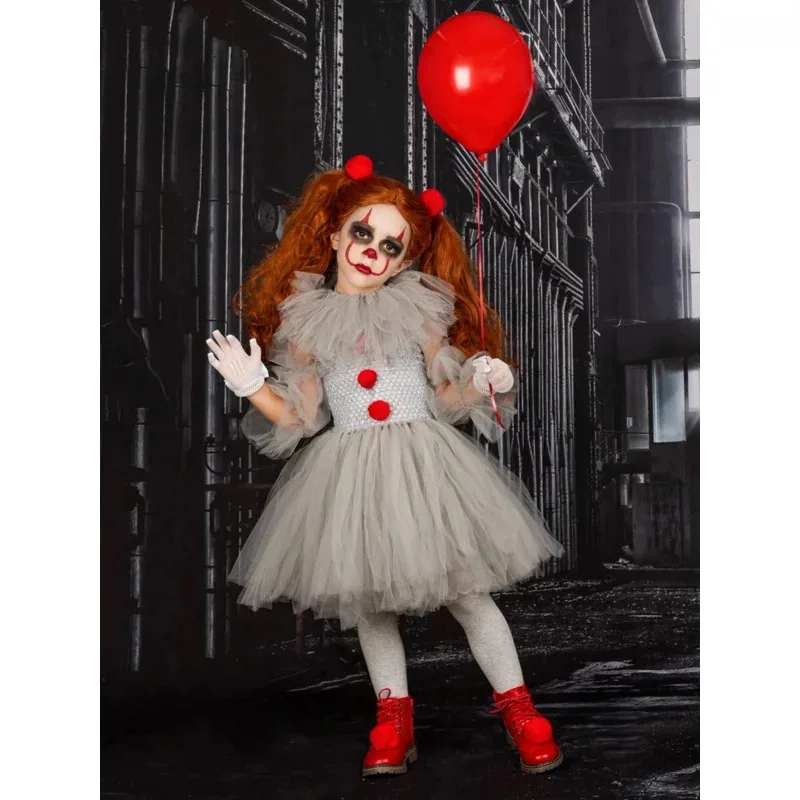 Tutú elegante Pennywise para niñas, disfraz de payaso aterrador para niños, disfraz de Halloween IT, disfraz de fiesta de disfraces de Carnaval para niñas, vestido de payaso NM35
