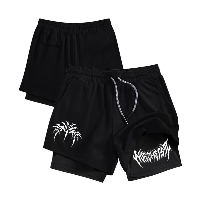 

Мужские двухслойные пляжные шорты быстросохнущие для спортзала и тренировок с модным карманом для телефона, петлей для полотенца, стильные, витые, влагоотводящие