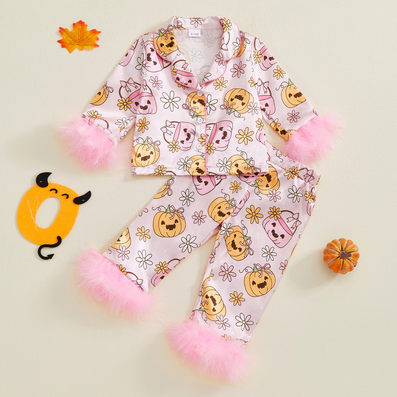 

Toddler Girl Halloween Satin Pajamas Set Pumpkin Floral Print Lapel Long Sleeve Button Down Tops with Pants Two Pieces Sleepwear