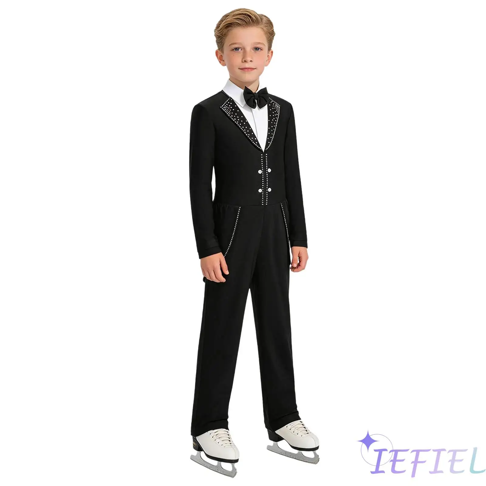 

Kids Boys Figure Skating Jumpsuit Bow Tie Collared Lapel Long Sleeve Shiny Rhinestone Unitard for Ballet Latin Dance Competition